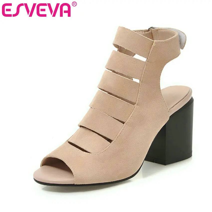 

ESVEVA 2019 Women Sandals PU Leather Square High Heel Peep Toe Slingback Lace Up Cut Outs Platform Fashion All Match Size 34-43