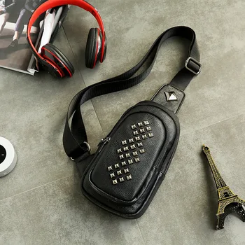 

060518 newhotstacy men fashion rivet chest bag male casual messenger bag