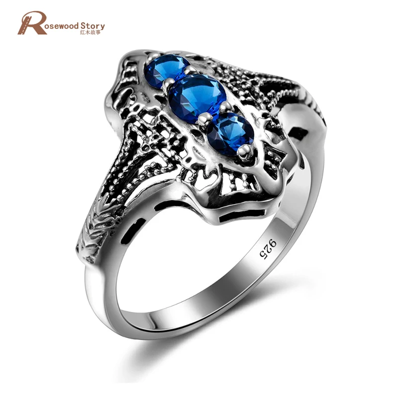 

Fashion Vintage Austrian Lab Sapphire Ring Round Cut 2.3ct Blue Stones CZ Engagement Ring Solid 925 Sterling Silver Jewelry