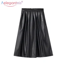 Женская длинная кожаная юбка Aelegantmis, черная привлекательная удлиненная плиссированная кожаная юбка с карманами, с высокой талией, в винтажном стиле, осень