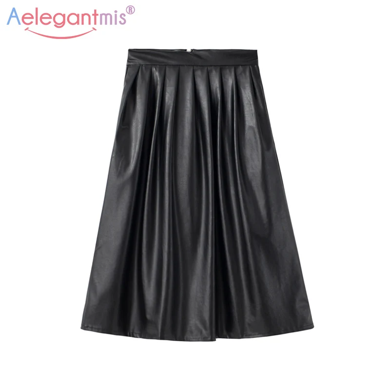 

Aelegantmis Long Pleated Leather Skirt Women Black High Waist Skirts 2018 Autumn Female Vintage Sexy Pleated Skirt With Pocket