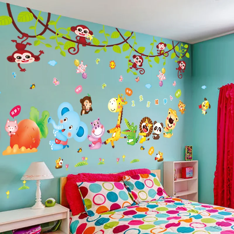

[SHIJUEHEZI] Elephant Hippo Giraffe Monkeys Animals Wall Stickers DIY Carrot Wall Decals for Kindergarten Kids Rooms Decoration