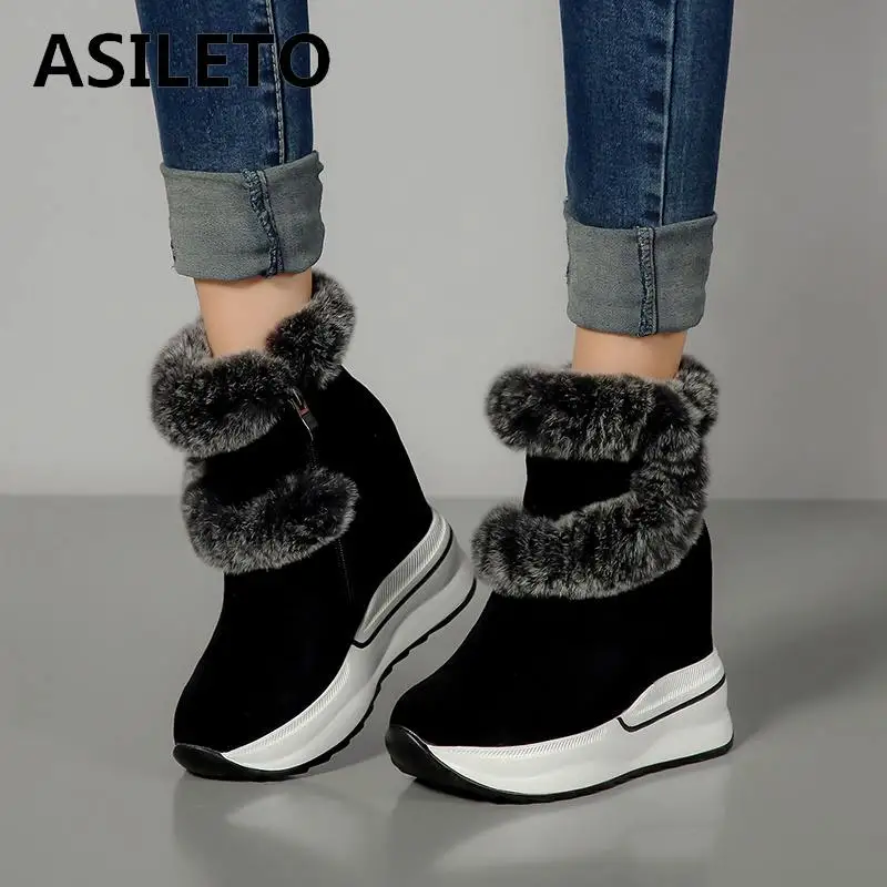 

ASILETO new arrive snow boots high quality fashion ankle boots zipper genuine leather fashion wedge platform winter shoes woman