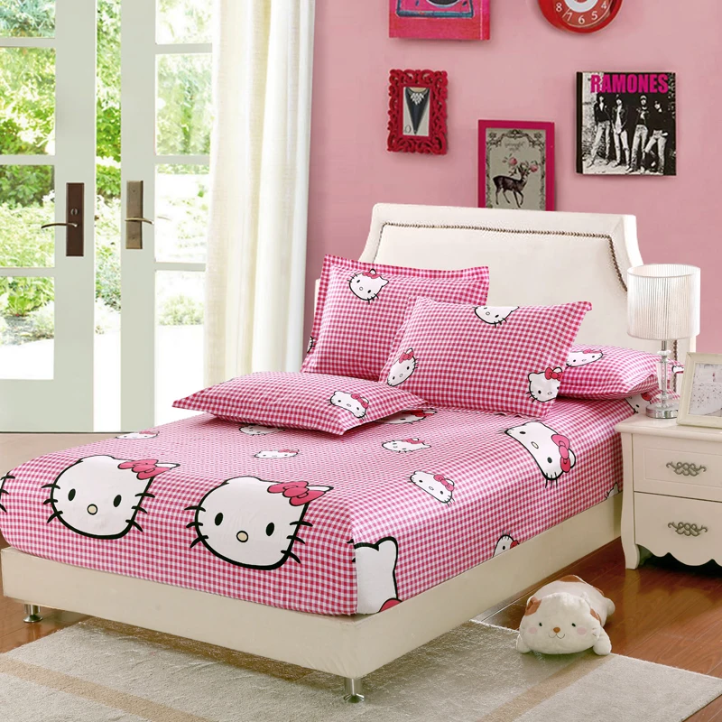 

Cartoon Mattress Cover Printed Protector Single full queen Fitted Sheets Cute Leopard grain pink Hello Kitty Children Bedspread