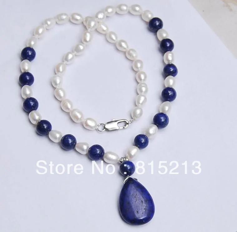 

ddh0092 Natural 7-8MM White Akoya Pearl / Lapis Lazuli Pendant Necklace 18