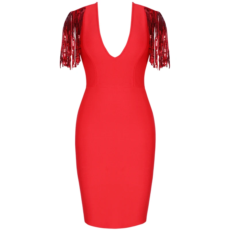 Ocstrade, летняя мода, платья с бахромой и пайетками для ночного клуба, женское сексуальное красное Бандажное платье, облегающее платье с глубоким v-образным вырезом, вечерние платья