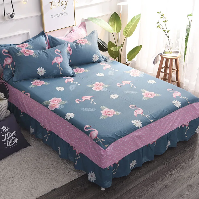 

Dark Blue + Red Flamingo Pattern Bed Skirt Cotton Comfortable Soft Breathable Multi-Color Bed Covering Painting 3pcs Bedding Set