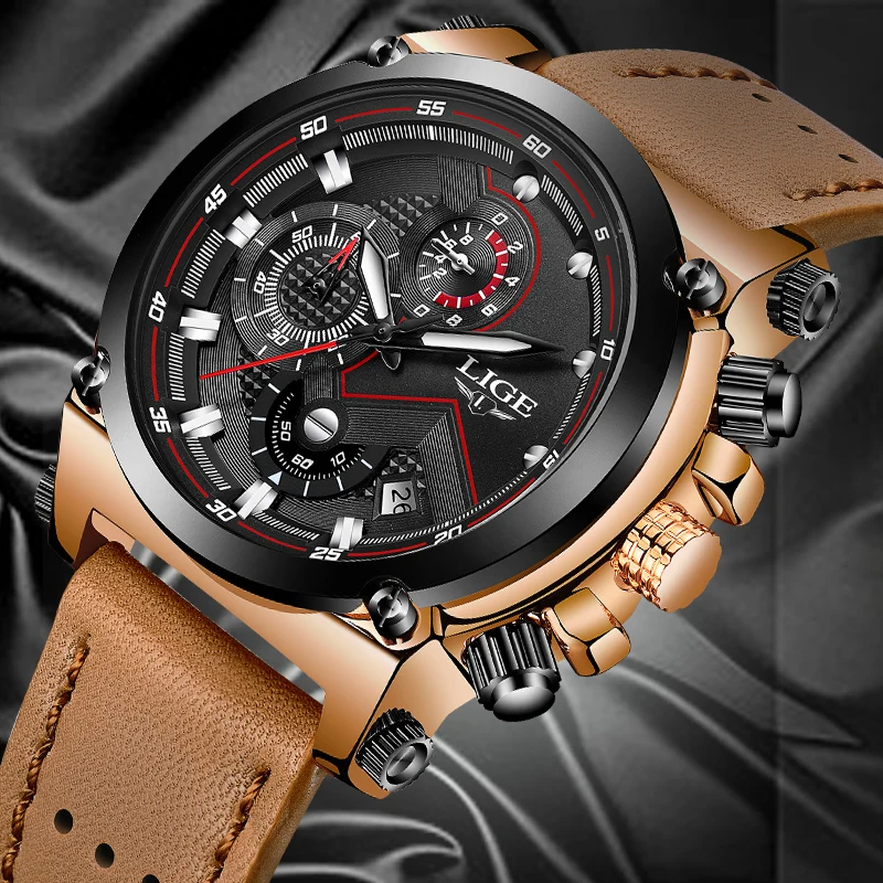 

2018 Men's Watch Brand LIGE Luxury Quartz Watches Sports Chronograph Leather Waterproof Fashion Analog Watch