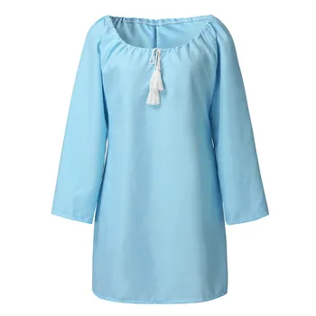 

Plus Size 3XL Women Long Sleeve Boho loose sundress Fashion solid bandage Cotton Linen blouse Beach Holiday Summer clothes New