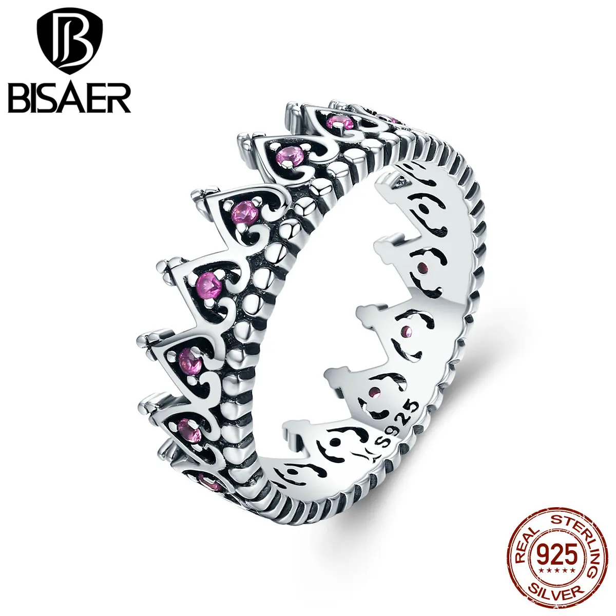 

BISAER Authentic 925 Sterling Silver Romantic Heart Queen Crown Female Finger Rings for Women Wedding Engagement Jewelry GXR257
