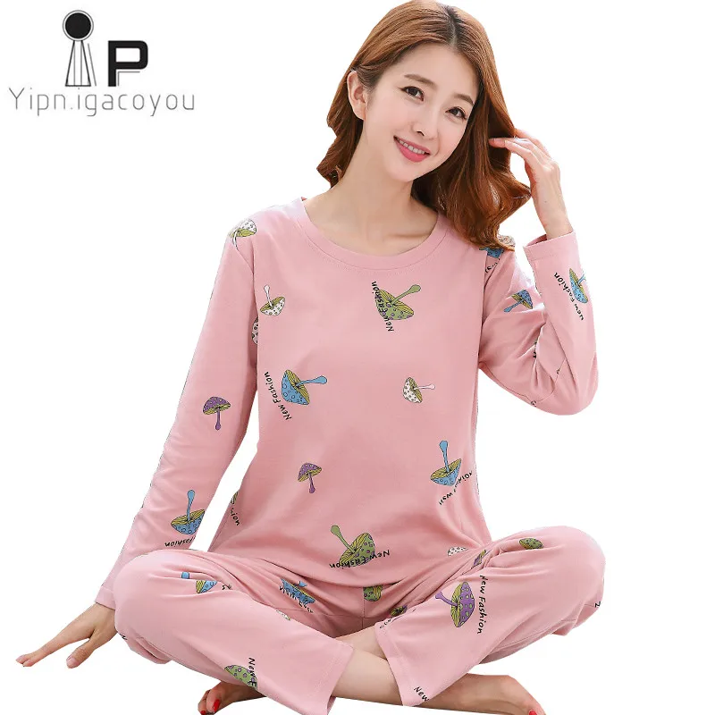 

Home Clothes Women Pajamas Set Long Sleeve homewear Night suit Autumn 2019 Plus size Cartoon Cotton Nightwear Female Sleepwear