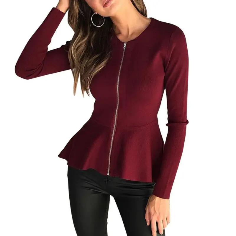 

2018 Casual Zipper O-neck Jacket women Long Sleeves Ruffled Hem Stretchy outwears Spring Autumn Feminino Jackets Black Coats