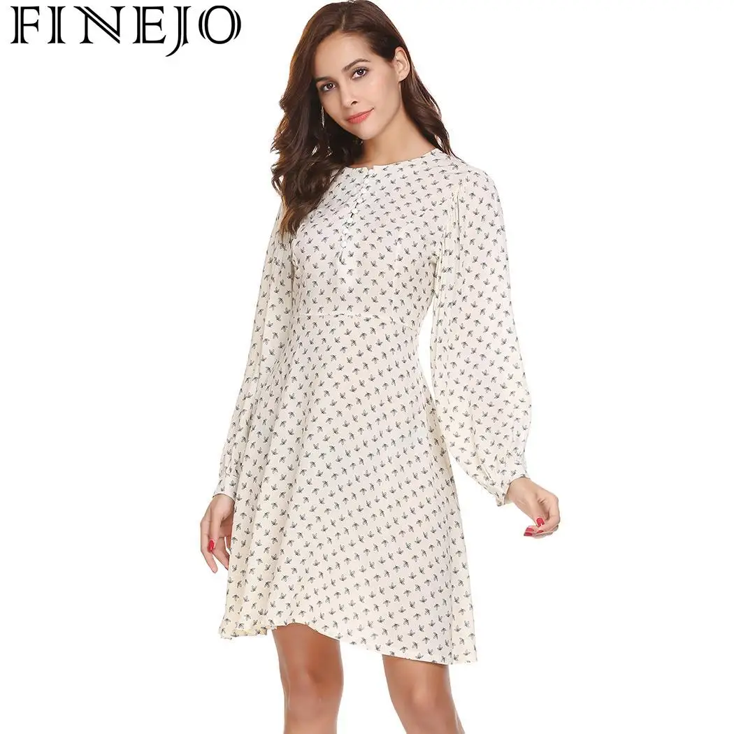 FINEJO Women Dress Fit Long Sleeve Button Front Print and Flare Casual ...