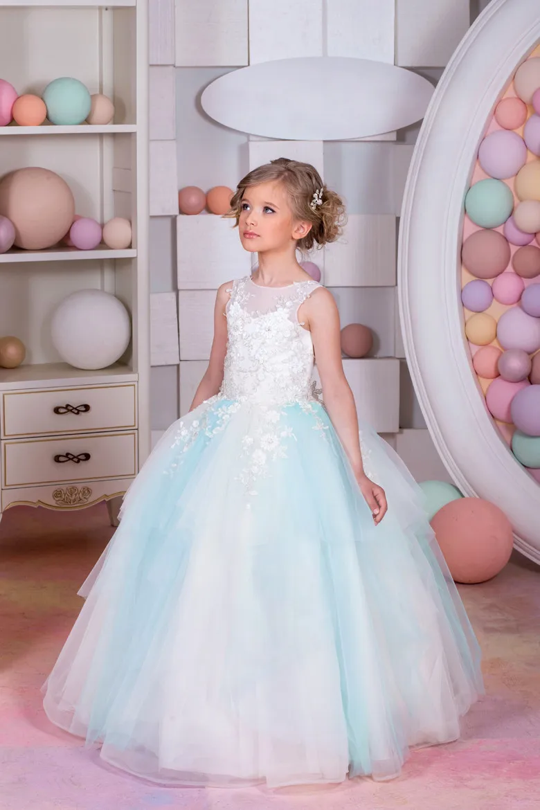 2017 Cute Tulle White Baby Blue Flower Girl Dresses Toddler Kids Pageant Dresses Robe fille