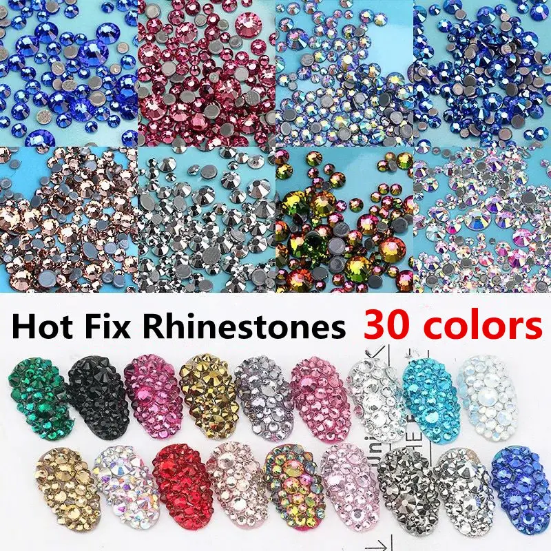 

High Quality Colorful DMC Hot Fix Rhinestones Crystal AB SS6 To SS30 Flatback Hotfix Rhinestones For Clothes
