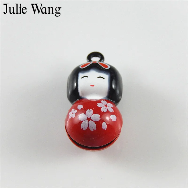 

Julie Wang 5pcs Cute Alloy Red Enamel Japanese Doll Bell Charm For Jewelry Making Necklace Pendant Findings Metal Accessories