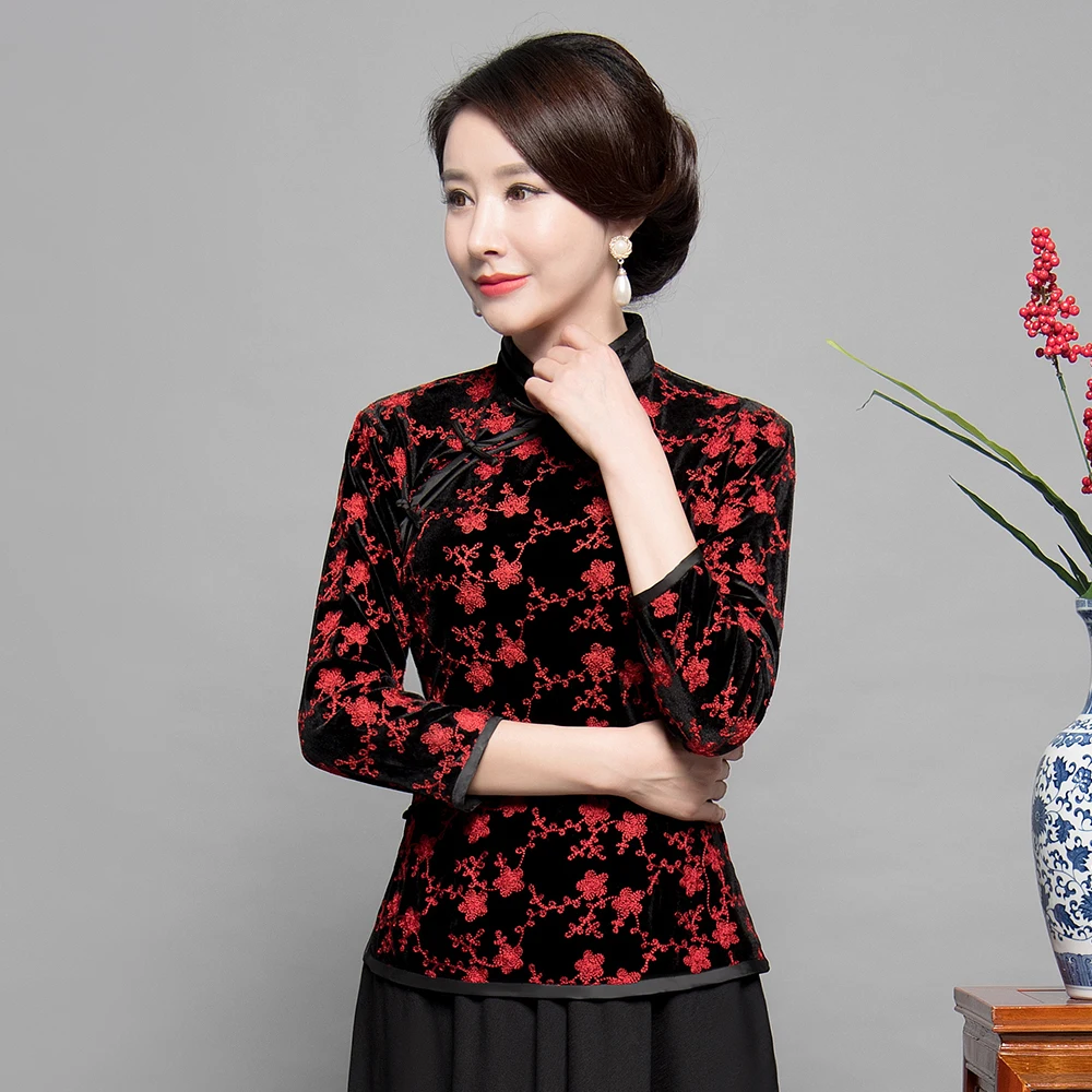 Ropa Oro Flower Casual Tang Vintage Mujer Mujeres Blusa Top azul Tradicional rojo negro Camisa Azul De Sólido Black Mejorado Terciopelo Clásico C6OTqt