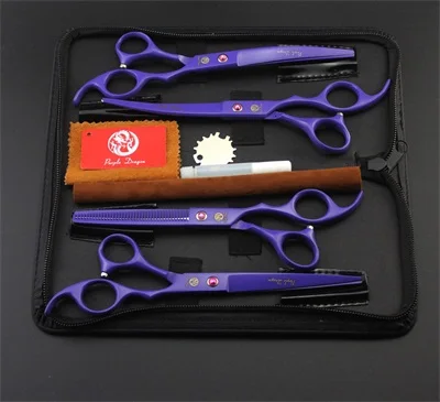 Фиолетовый дракон 7,0 дюймов Профессиональные ПЭТ ножницы для стрижки собак высокое качество прямой и истончение изогнутые ножницы 4 шт./компл - Цвет: Purple P-704 K