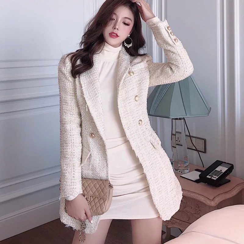 

2019 Runway Designer Blazer Women's Double Breasted Metal Button out wear Notched Collar Jacket Wool Blends Tweed Blazer Coats