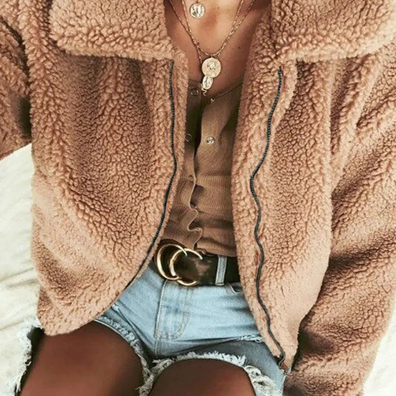 hirigin Autumn Women Fleece Fur Jacket Full Zipper Turn-down Collar Oversized Plush fabric Warm Coat Cool Ladies Solid Jacket