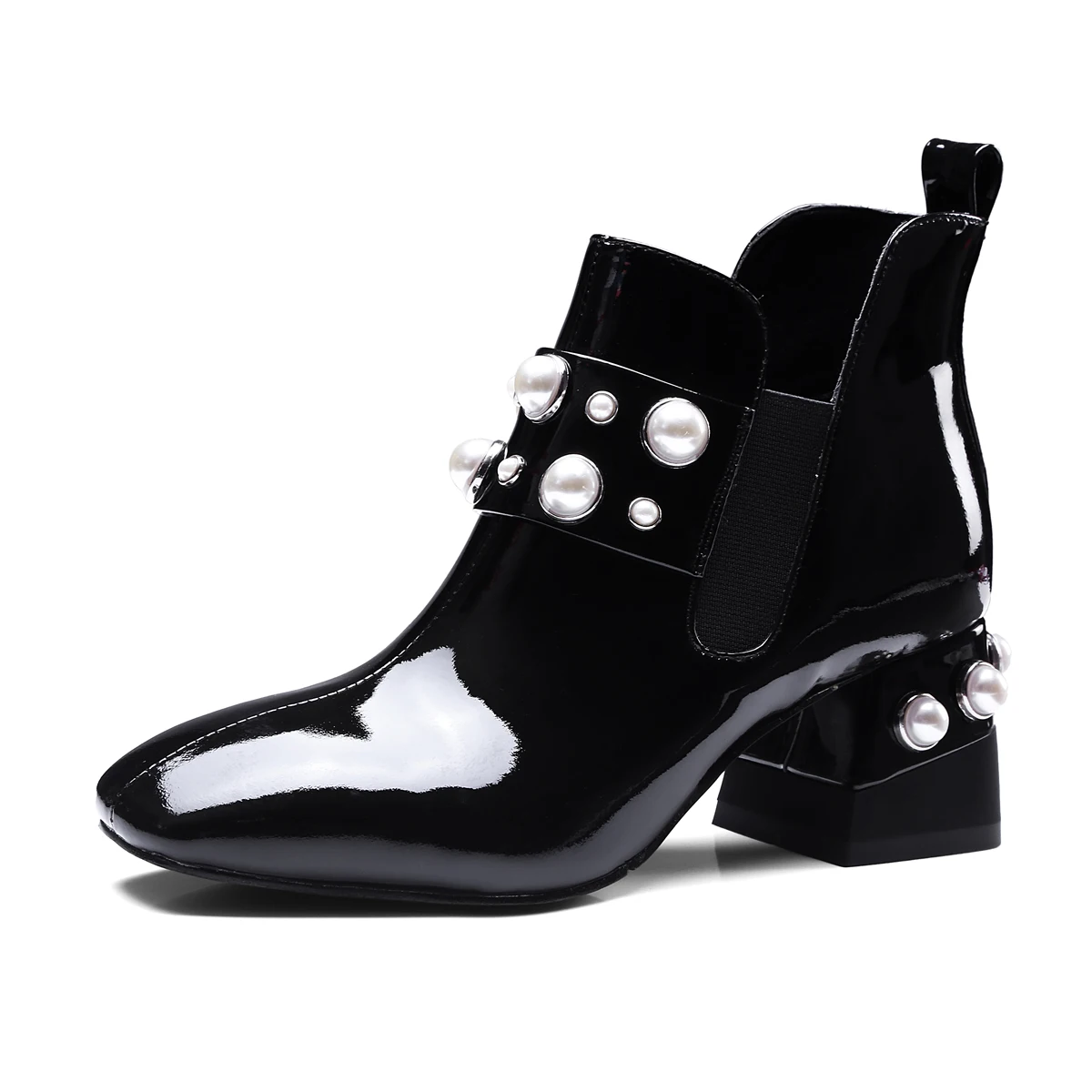 

Women's Patent Leather Pearls Chunky Block heel shoes Square toe Ankle Boots NEW E68