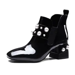Для женщин Лакированная кожа жемчуг массивном обувь на каблуке с квадратным носком ботильоны новые E68