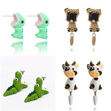 Высококачественные милые серьги-гвоздики с объемным рисунком кота, собаки, крокодила, коровы, пингвина, животных, серьги Fimo для женщин и детей, год