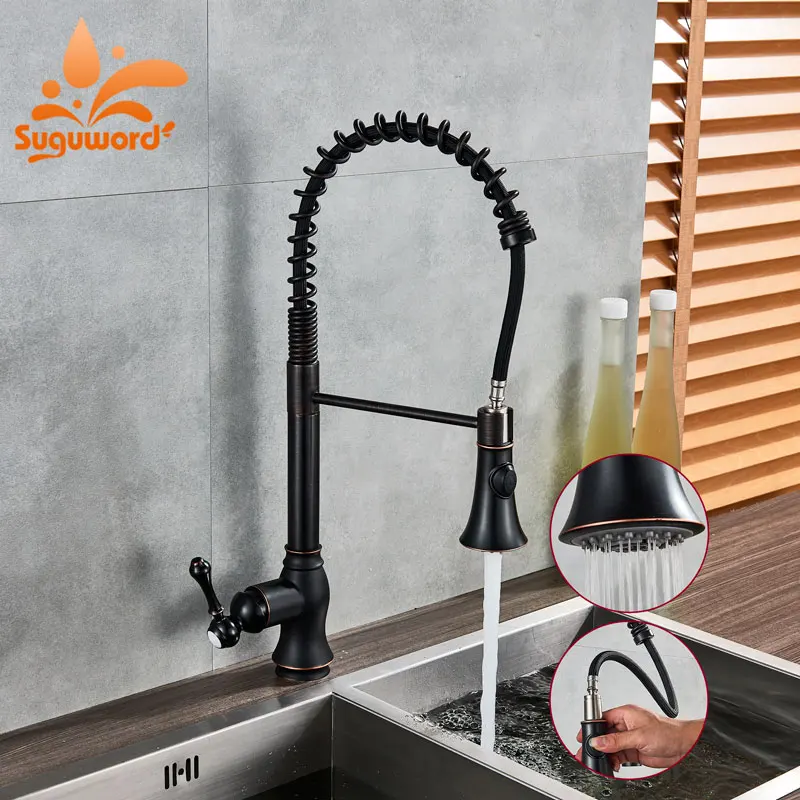 

Suguword ORB Kitchen Spring Faucet Hot and Cold Deck Mounted Mixer Tap One Holder One Hole 2 Outlet mode Pull Out Spout