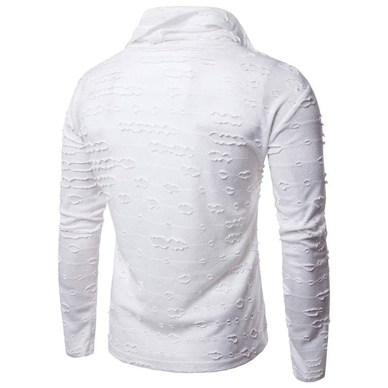 Vogue Men T-shirts Fashion Turtleneck Ripped Hole Long Sleeve Tee Shirts Casual Hip Hop White Black Tshirts Nice Autumn New | Мужская
