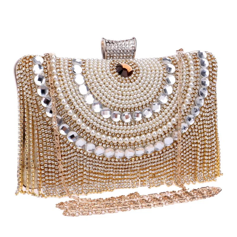  Rhinestones Tassel Clutch Diamonds Beaded Metal Evening Bags Chain Shoulder Messenger Purse Evening - 32520915550