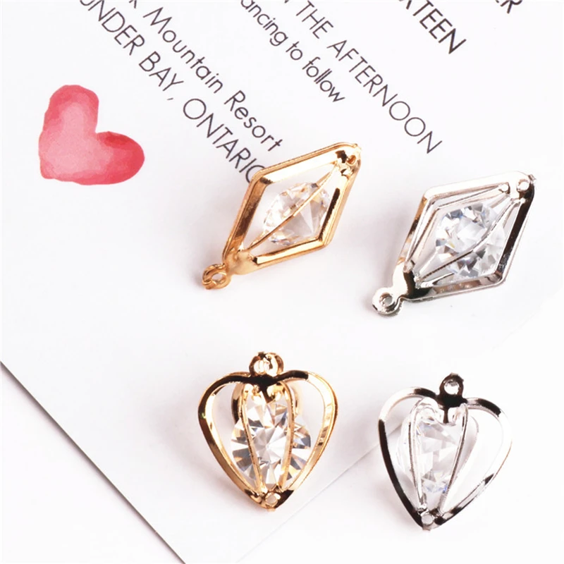 Trendy 10pcs/lot 3D Crystal Rhinestone Heart Gold-Color Silver-Color Charms Fashion Jewelry Accessories for DIY Craft