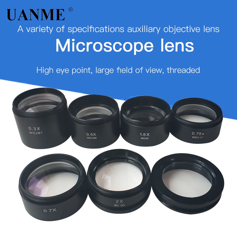 

WD120 WD160 WD30 0.3X 0.5X 0.7X 0.75X 1X 1.5X 2X Trinocular Stereo Microscope Auxiliary Objective Lens Barlow Lens 48mm Thread