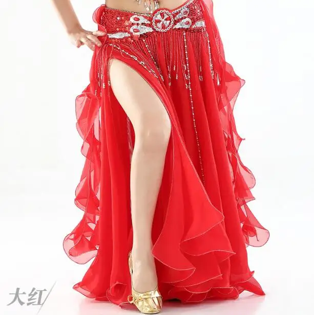 Шифоновая сказочная юбка для танца живота для женщин, костюм для танца живота, двухсторонний раздельный этнический Макси-юбка из вуали - Цвет: Red
