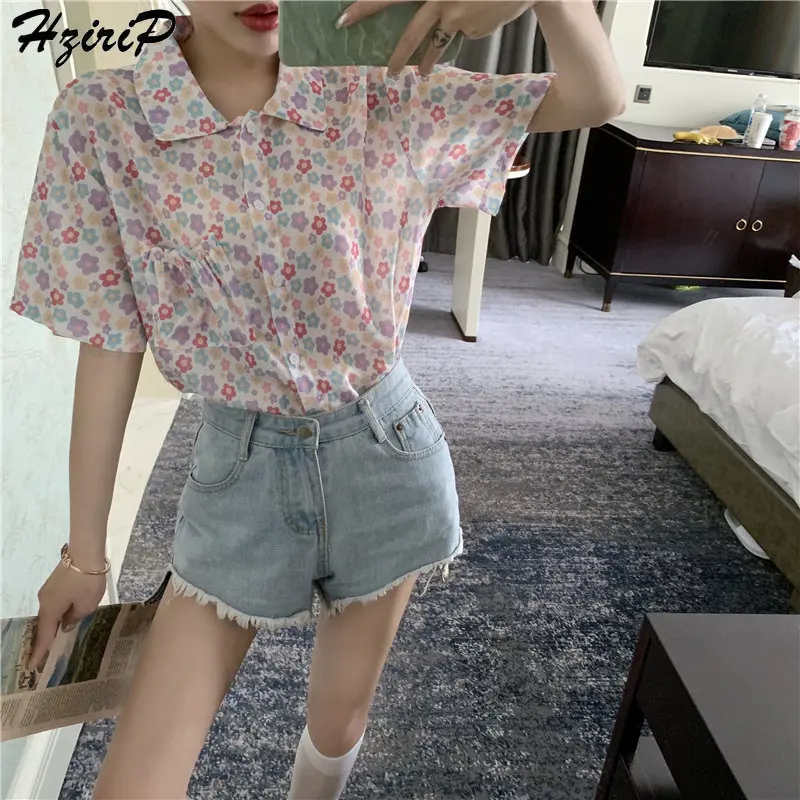 

Hzirip Summer Simple Casual Short Sleeves Brief Fashion High Quality Print Floral Chic Loose Fresh Simple All-Match Shirts