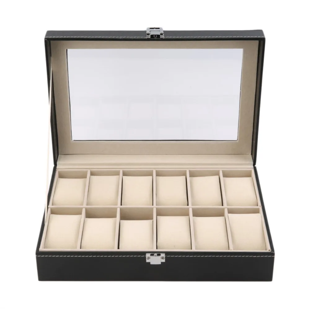 

12 Slots Grid PU Leather Watch Display Box Jewelry Storage Organizer Case Locked Watch Display Casket With Black Color