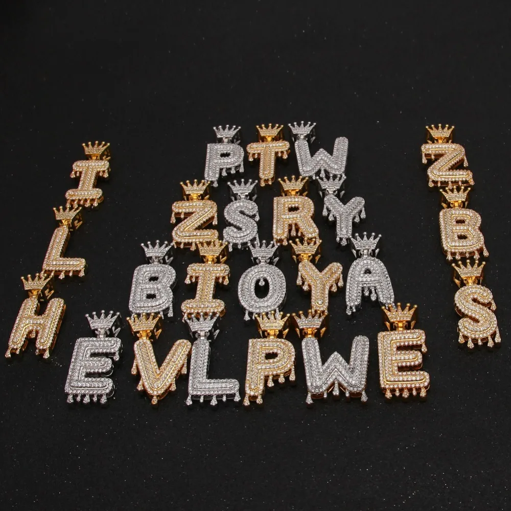 

Hip Hop CZ Stone Paved Bling Iced Out Crown Bail Drip Bubble Letter Necklace Custom Name Letters Pendant Necklaces Men Jewelry