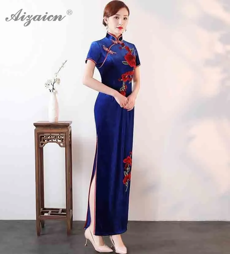 Модные бархатные вышивкой Cheongsam платья Китай элегантный тонкий китайское платье Ципао традиционные Костюмы Женская Роба в восточном стиле