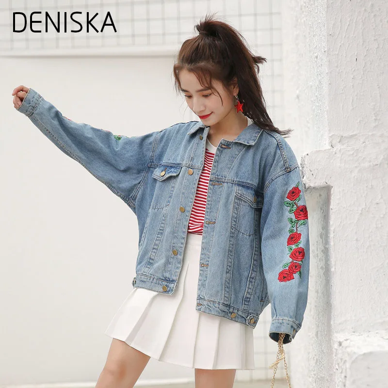 DENISKA Summer Basic Jackets Rose Embroidered Denim Jacket Jeans Jacket
