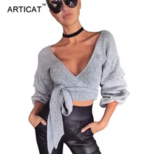 Articat Sexy V Leher Dibalut Rajutan Sweater Wanita Musim Gugur Musim Dingin Kasual Cropped Lengan Lentera Sweater Jumper Cardigan Sweater