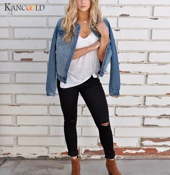 

KANCOOLD coats Women Casual Fashion Denim Jacket Long Jean Overcoat Bead Outwear Button new woman coats and jackets 2019JUL10