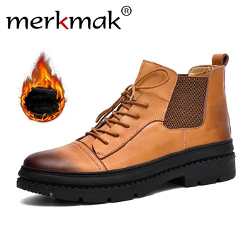 

merkmak Winter Men's Boots Genuine Leather Boots Classic Short Boots Fashion Male Shoes 2018 Men Leather Casual Footwear