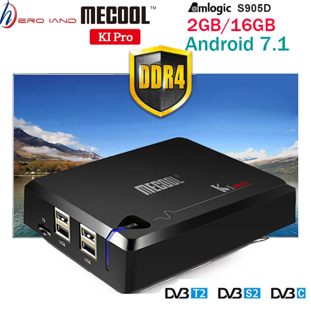 

MECOOL KI Pro Android 7.1 DVB S2+DVB T2/C TV Box Amlogic S905D Quad core DDR4 2GB 16GB 2.4G/5G WiFi H.265 HD UHD 4K Media Player