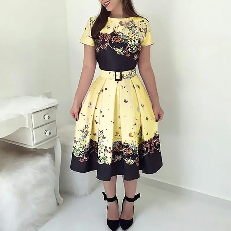 

Trendy Female Fashion Elegant A-Line Midi Party Tunic Women's Dresses Butterfly Print Short Sleeve Belted Satin Pleated Dress
