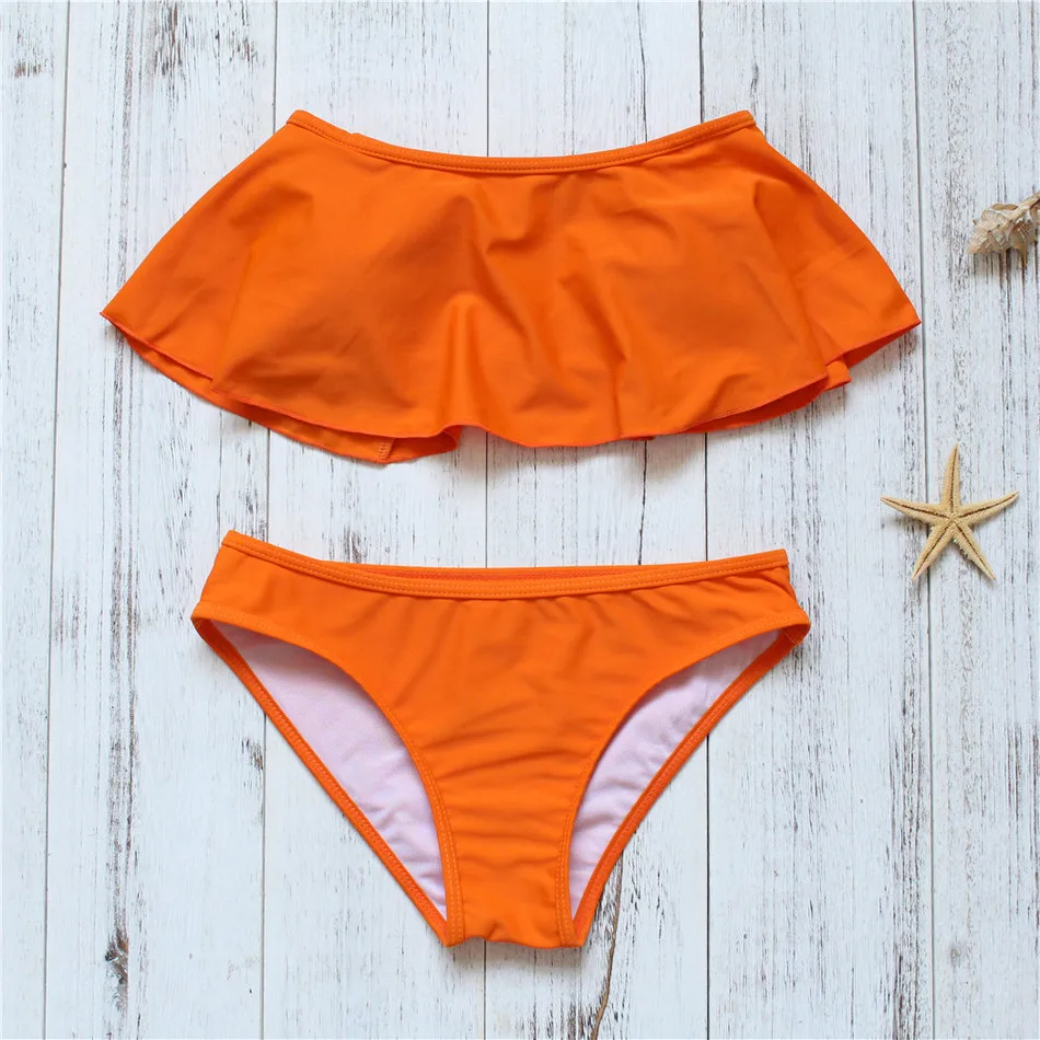 

2018 Solid Bandeau Ruffle Bikini Set Wire Free Summer Bathing Low Waist Swimming Suit Triangle Padded Bandage Biquini