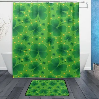 

Saint Patricks Day Shower Curtain and Mat Set, Lucky Clover Spring Green Leaf Waterproof Fabric Bathroom Curtain
