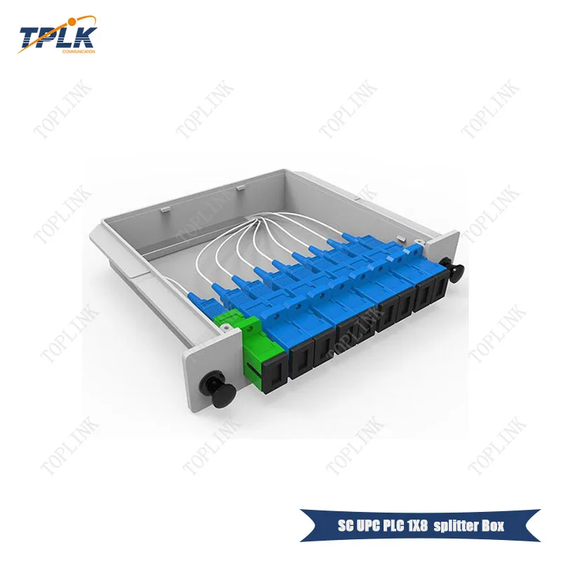 

Free shipping 10pcs/lot SC UPC PLC 1X8 fiber splitter Box SC UPC 1X8 Fiber Optic FTTH cassette box Optical Coupler Singlemode