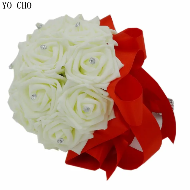 Hand Made Ivory White Wedding Bouquet Red Silk Crystal Bridal Hand Made Ivory White Wedding Bouquet Red Silk Crystal Bridal Rhinestone Supplies Rose