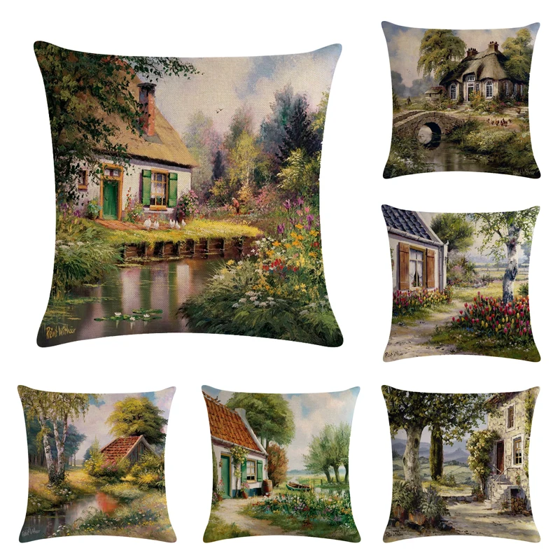 

45 * 45CM Hand-painted Oil Painting Country Landscape Pillow Cover Suitable for Home/car/Office Temperament Squar Cushion Cover