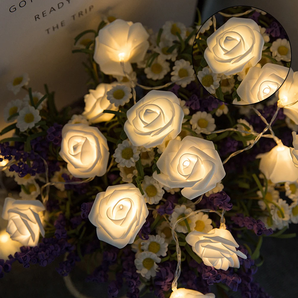 Floral String Lights 10 20 Led Pink White Blush Rose Flower