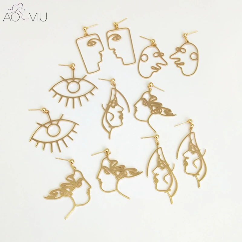 

AOMU New Unique Catwalk Abstract Hollow Out Metal Line Face Long Dangle Earrings for Women Gold Silver Jewelry Brincos